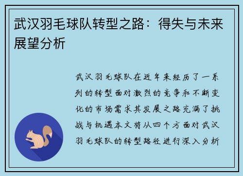 武汉羽毛球队转型之路：得失与未来展望分析
