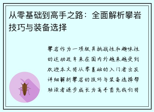 从零基础到高手之路：全面解析攀岩技巧与装备选择