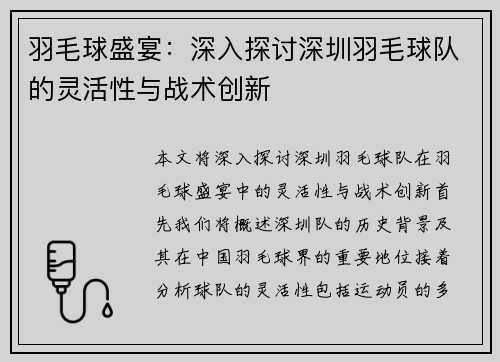 羽毛球盛宴：深入探讨深圳羽毛球队的灵活性与战术创新