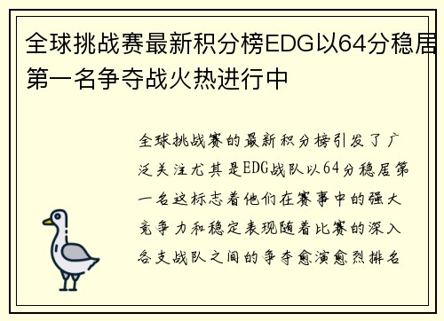 全球挑战赛最新积分榜EDG以64分稳居第一名争夺战火热进行中