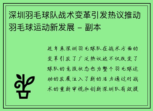 深圳羽毛球队战术变革引发热议推动羽毛球运动新发展 - 副本