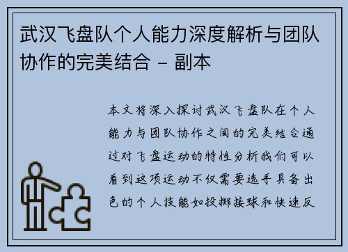 武汉飞盘队个人能力深度解析与团队协作的完美结合 - 副本