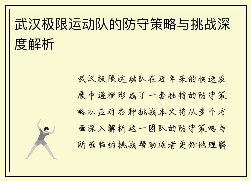 武汉极限运动队的防守策略与挑战深度解析